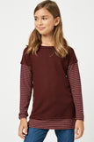 GY2003 Burgundy Girls Stripe Sleeve Knit Top Front