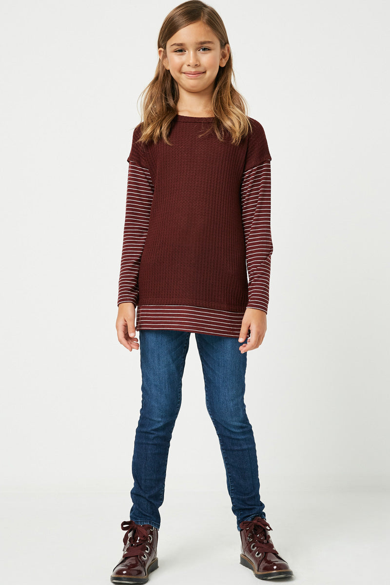GY2003 Burgundy Girls Stripe Sleeve Knit Top Full Body
