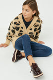 HY2048 Tan Girls Fuzzy Leopard Sweater Cardigan Pose