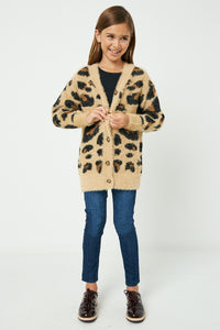 GY2048 Tan Girls Fuzzy Leopard Sweater Cardigan Full Body