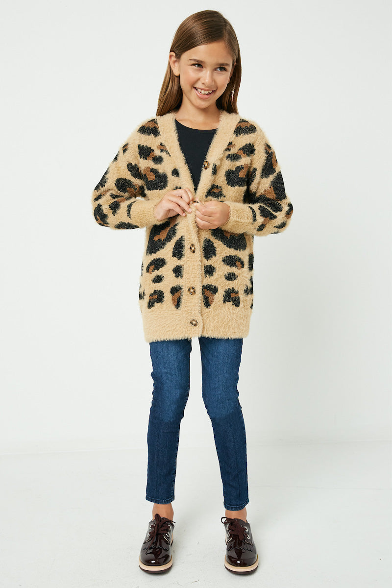 GY2048 Tan Girls Fuzzy Leopard Sweater Cardigan Full Body