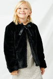 GY2049 Black Girls Solid Faux Fur Bow Tie Jacket Front