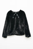GY2049 Black Girls Solid Faux Fur Bow Tie Jacket Flat Lay Front