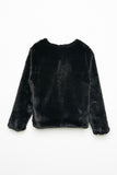 GY2049 Black Girls Solid Faux Fur Bow Tie Jacket Flat Lay Back