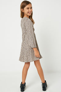 GY2055 Taupe Girls Printed Pleated Skirt Midi Dress Detail