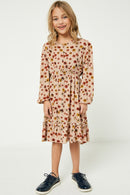GY2057 Taupe Girls Floral Button Down Long Sleeve Dress Front