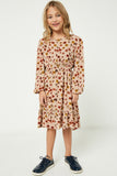 GY2057 Taupe Girls Floral Button Down Long Sleeve Dress Front