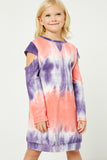 GY2058 Pink Mix Girls Tie Dye Cold Shoulder French Terry Dress Front