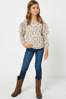 GY2061 Cream Mix Printed Ruffle Sleeve Top Full