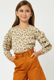 GY2061 Sage Mix Girls Printed Ruffle Sleeve Top Front