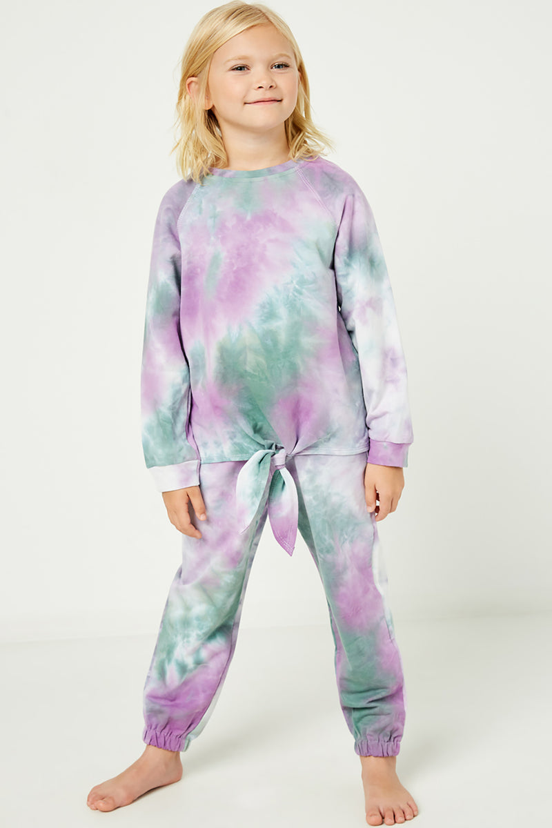 GY2071 Sage Girls Tie-Dye Pullover Tie Front Sweatshirt Full Body