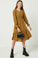 GY2092 Coffee Girls Printed Button Down Maxi Dress Full Body