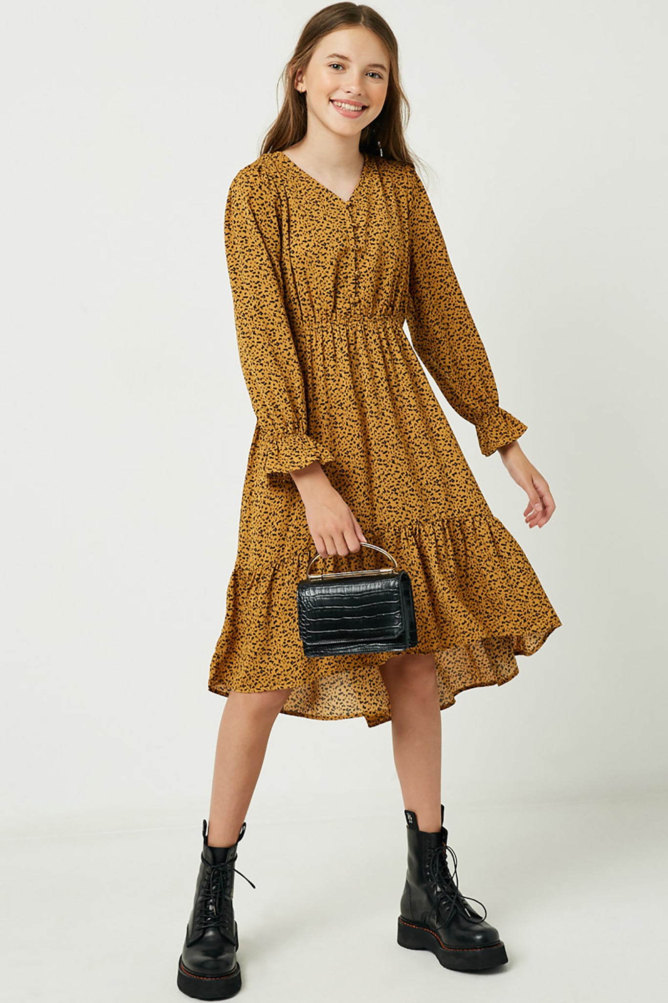 GY2092 Coffee Girls Printed Button Down Maxi Dress Full Body