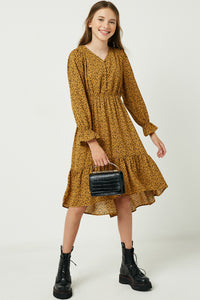 GY2092 Coffee Girls Printed Button Down Maxi Dress Full Body