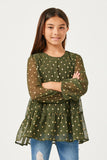 GY2101 Olive Girls Metallic Dot Tiered Tunic Front