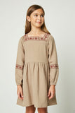 GY2220 Taupe Girls Embroidered Square Neck and Sleeve Dress Front