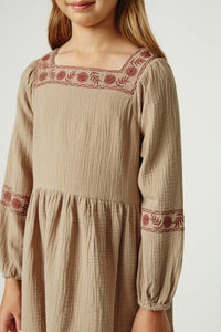 GY2220 Taupe Girls Embroidered Square Neck and Sleeve Dress Detail