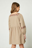 GY2220 Taupe Girls Embroidered Square Neck and Sleeve Dress Back