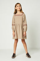 GY2220 Taupe Girls Embroidered Square Neck and Sleeve Dress Full Body