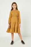GY2222 Camel Girls Long Sleeve Embroidered Tiered Midi Dress Full Body