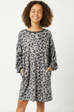GY2255 Grey Girls Leopard Printed Long Sleeve Side Pocket Knit Dress Front