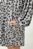 GY2255 Grey Girls Leopard Printed Long Sleeve Side Pocket Knit Dress Close Up