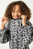 GY2255 Grey Girls Leopard Printed Long Sleeve Side Pocket Knit Dress Alternate Front