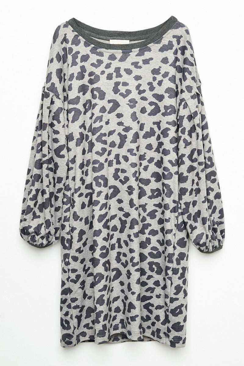 GY2255 Grey Girls Leopard Printed Long Sleeve Side Pocket Knit Dress Flat Front