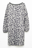 GY2255 Grey Girls Leopard Printed Long Sleeve Side Pocket Knit Dress Flat Back
