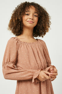 GY2267 Mauve Girls Ruffled Square Neck Polka Dot Dress Front