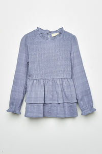 GY2287 Blue Girls Smocked Bodice Ruffled Peplum Top Front Flat