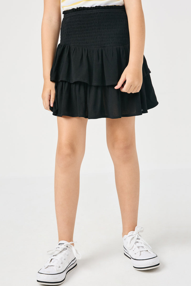 GY2297 Black Girls Smocked Ruffle Tiered Mini Skirt Front