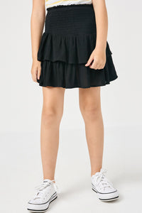 GY2297 Black Girls Smocked Ruffle Tiered Mini Skirt Front