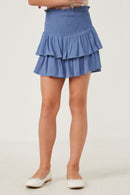GY2297 DENIM Girls Smocked Ruffle Tiered Mini Skirt Front