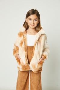 GY2310 Brown Girls Collared Zip Up Tie Dye Fleece Jacket Full Body