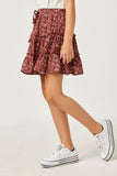 GY2321 Burgundy Girls Ruffle Tier Drawstring Mini Skirt Side