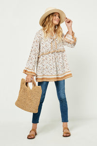 GY2325 Mustard Girls Ruffled Color Paisley Print Tunic Full Body