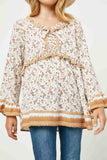 GY2325 Mustard Girls Ruffled Color Paisley Print Tunic Detail