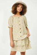 GY2366 Yellow Girls Elastic Waist Tiered Floral Skirt Front