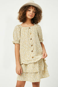 GY2366 Yellow Girls Elastic Waist Tiered Floral Skirt Front