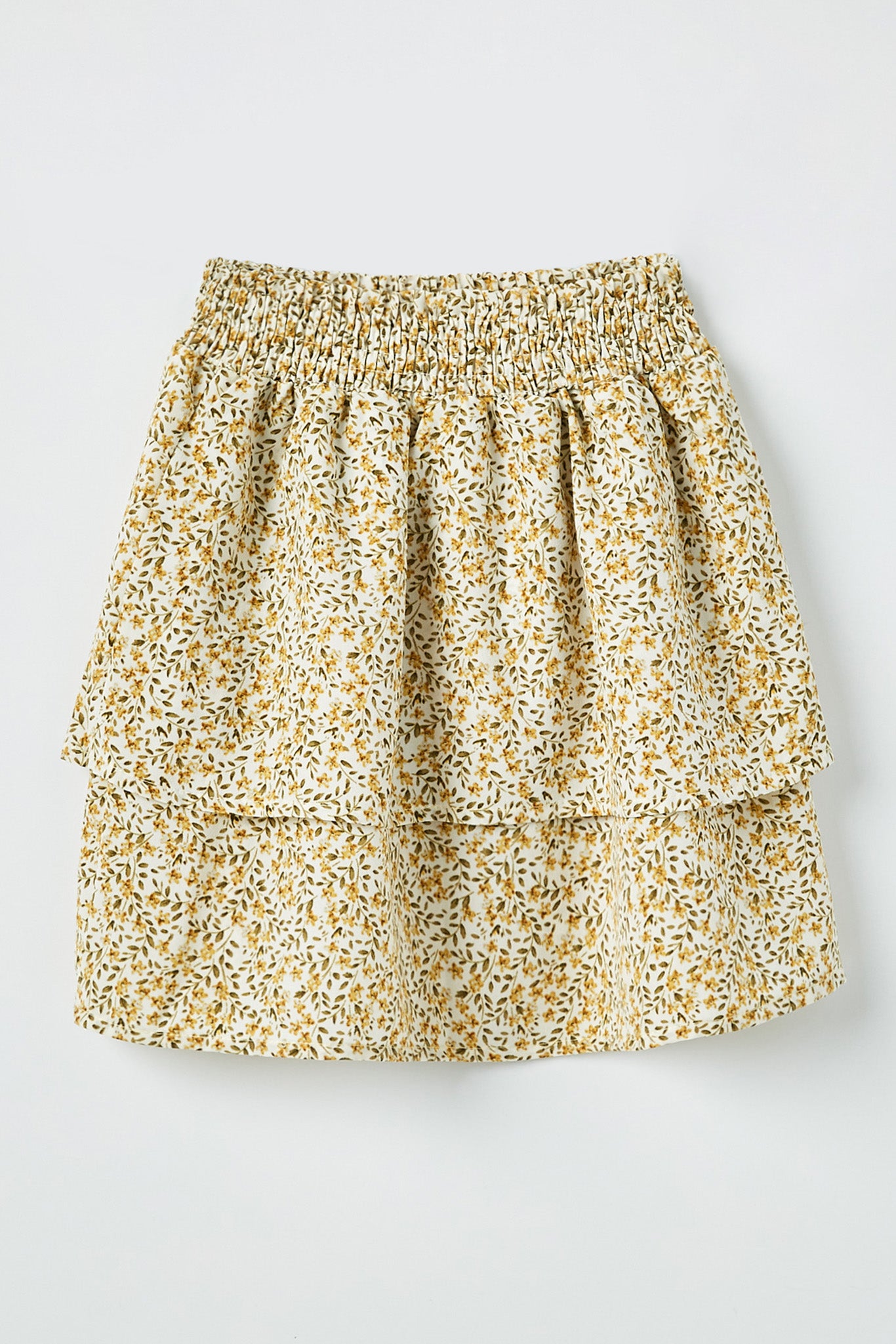 GY2366 Yellow Girls Elastic Waist Tiered Floral Skirt Front Flat