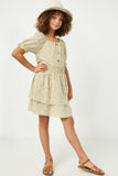 GY2367 Yellow Girls Ruffled Hem Button Up Floral Top Full Body