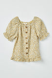 GY2367 Yellow Girls Ruffled Hem Button Up Floral Top Front Flat