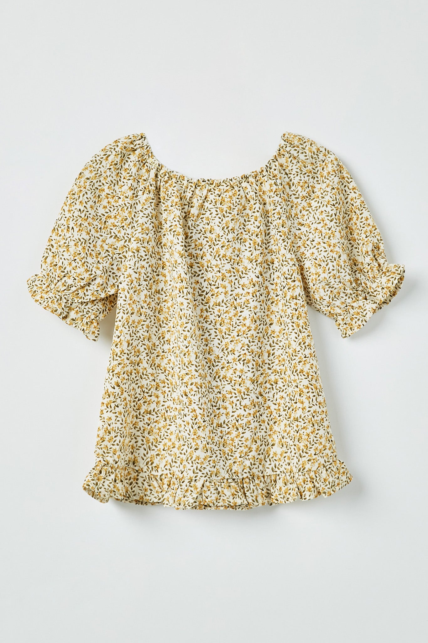 GY2367 Yellow Girls Ruffled Hem Button Up Floral Top Back Flat