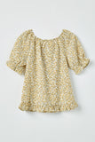 GY2367 Yellow Girls Ruffled Hem Button Up Floral Top Back Flat