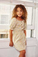 GY2367 Yellow Girls Ruffled Hem Button Up Floral Top Pose