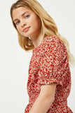 GY2376 Red Girls Botanical Print Square Neck Smocked Waist Top Close Up