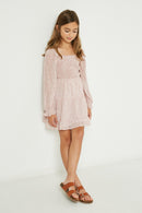 GY2378 Mauve Girls Smocked Square Neck Floral Mini Dress Full Body