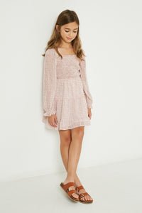 GY2378 Mauve Girls Smocked Square Neck Floral Mini Dress Full Body