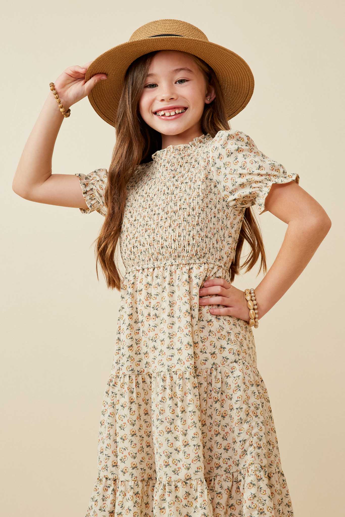 Smocked Bodice Short Sleeve Tiered Midi Dress